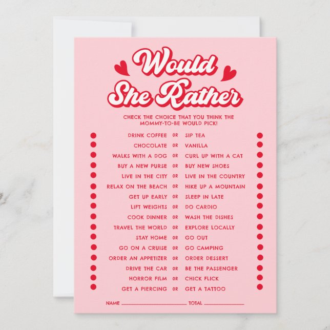 Convite Valentine Baby Shower Would She Rather Game Card (Frente)