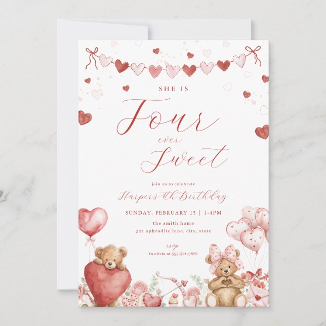 Convite Valentine Bear Four Ever Sweet 4th Birthday Invite (Frente)