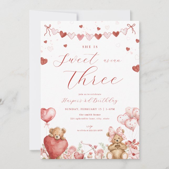 Convite Valentine Bear Hearts Sweet Third Birthday Invite (Frente)