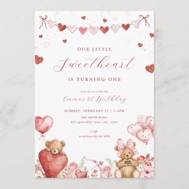 Convite Valentine Bear Little Sweetheart Birthday Invite (Frente)