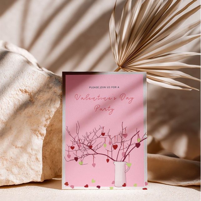 Convite Valentine’s Day Party – Heart Branch on Pink (Criador carregado)