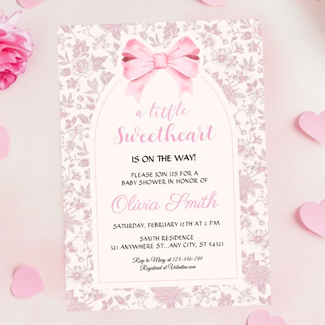 Convite Valentine’s Day Sweetheart Pink Bow Baby Shower (Criador carregado)
