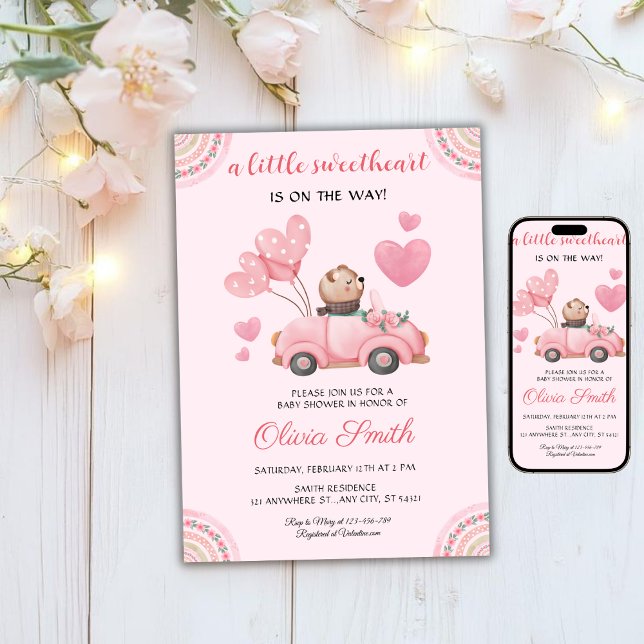 Convite Valentine’s Day Sweetheart Pink Car Baby Shower (Criador carregado)