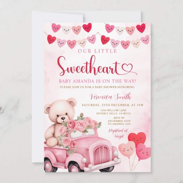 Convite Valentine Sweetheart Bear Pink Truck Baby Shower (Frente)