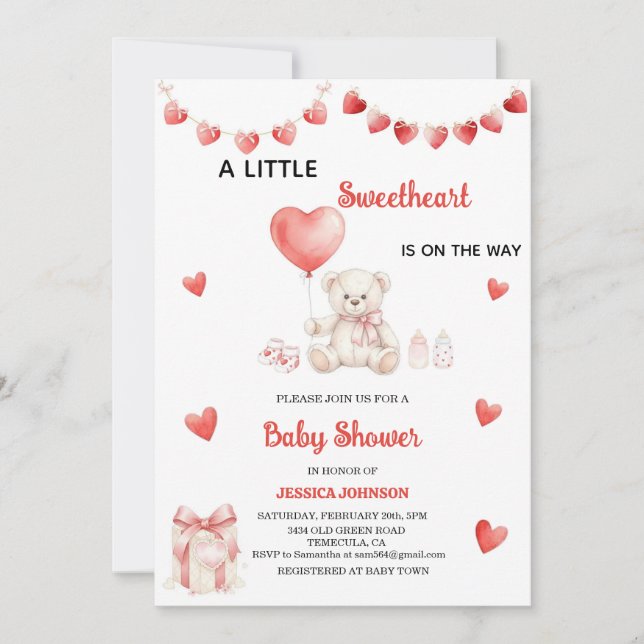 Convite Valentine's Day Baby Shower Teddy Bear Hearts  (Frente)