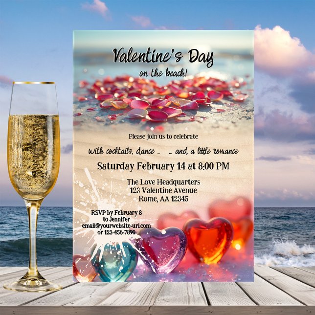 Convite Valentine's Day Beach Party (Valentine's Day party invitation featuring flower petals and hearts on the beach)