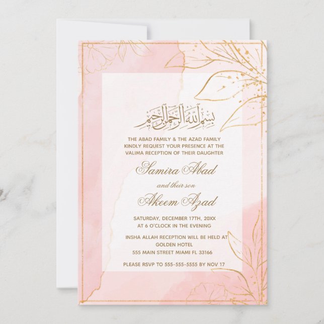 Convite Valima Nikah Ceremony Invitation Dourado Rosa (Frente)