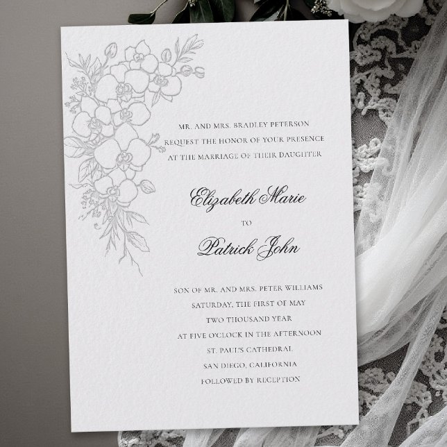 Convite Valsa de Orquídea Formal Tradicional Marfim Casame (orchid wedding invitation ivory formal waltz modern classic traditional black tie parents hosting)