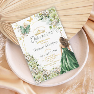 Convite Valsa Floral Esmeralda Dourada Borboleta Quinceañe