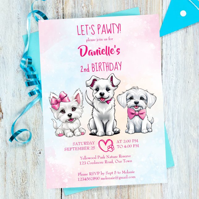 Convite Vamos branco rosado e pinto, fantoche (Let's pawty cute  white pink bow puppies dog theme girls birthday invitation template download)