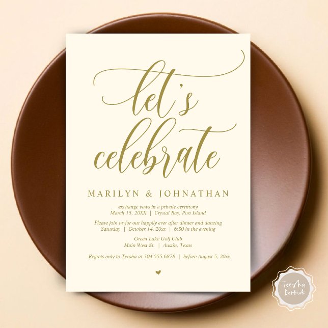 Convite Vamos Celebra a dança do Janto de Elopement (Let's Celebrate Wedding Elopement Dinner Party Lunch BrunchDancing Invitation Card PDF, Yellow Gold)