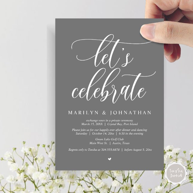 Convite Vamos Celebra a dança do Janto de Elopement (Let's Celebrate Wedding Elopement Dinner Party Lunch BrunchDancing Invitation Card PDF, Dark Grey)
