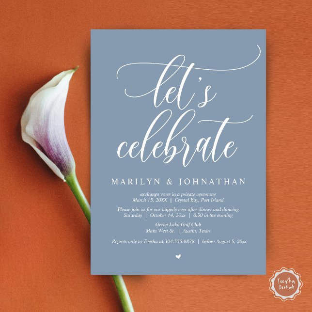 Convite Vamos Celebra a dança do Janto de Elopement (Let's Celebrate Wedding Elopement Dinner Party Lunch BrunchDancing Invitation Card PDF, Dusty Blue)