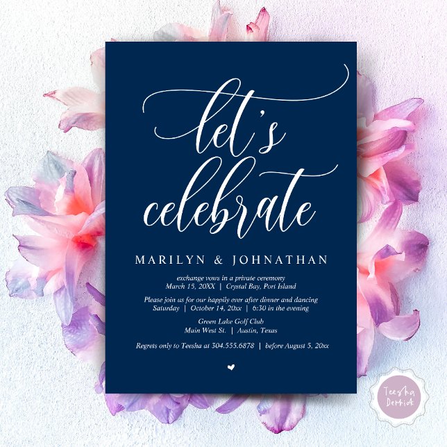 Convite Vamos Celebra a dança do Janto de Elopement (Let's Celebrate Wedding Elopement Dinner Party Lunch BrunchDancing Invitation Card PDF, Navy Blue)