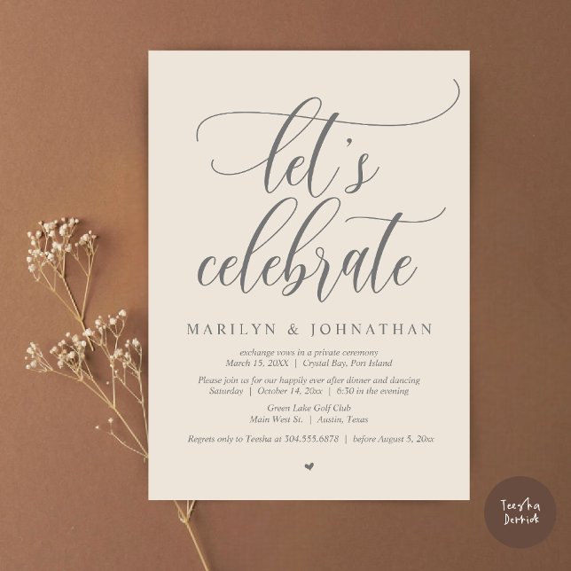 Convite Vamos Celebra a dança do Janto de Elopement (Let's Celebrate Wedding Elopement Dinner Party Lunch BrunchDancing Invitation Card PDF, Cream Grey)