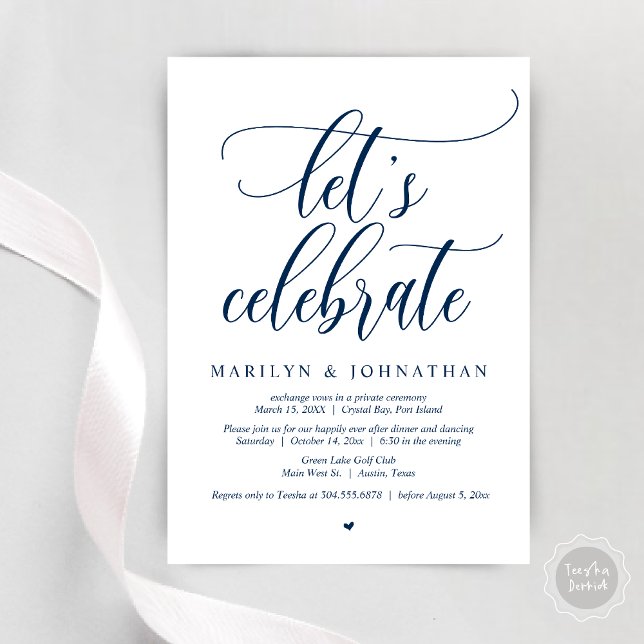 Convite Vamos Celebra a dança do Janto de Elopement (Let's Celebrate Wedding Elopement Dinner Party Lunch BrunchDancing Invitation Card PDF, Navy Blue)