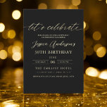 Convite Vamos celebra aniversário Dourado minimalista negr<br><div class="desc">Comemore a fazer 30 anos de estilo com um Convite de Aniversário Dourado e Preto para Script Minimalista! Apresentando sotaques negros e dourados, tipografia elegante da escrita, e um design limpo e moderno, este convite dá o tom para uma celebração sofisticada. Perfeito para qualquer lugar, de salões quentes a encontros...</div>