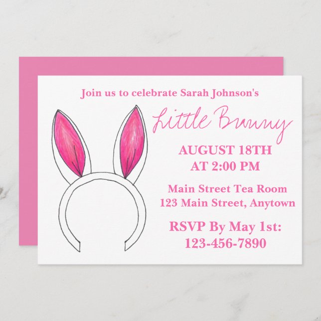 Convite Vamos Celebra o Chá de fraldas Rosa Pequeno Coelhi (Frente/Verso)