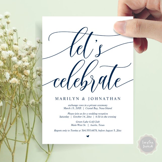 Convite Vamos Celebrar Festa de Casamento Fuga (Let's Celebrate Wedding Elopement Dinner Lunch Brunch Party Invitation Card, PDF, in Navy Blue)
