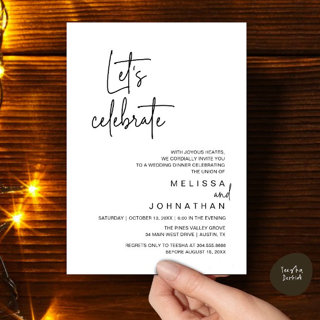 Convite Vamos Celebrar, Jantar de Casamento Intimo (Let's Celebrate, Modern Wedding Elopement Dinner Party Invitation Card in Black White)