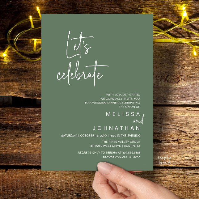 Convite Vamos Celebrar, Jantar de Casamento Intimo (Let's Celebrate, Modern Wedding Elopement Dinner Party Invitation Card in Sage Green)