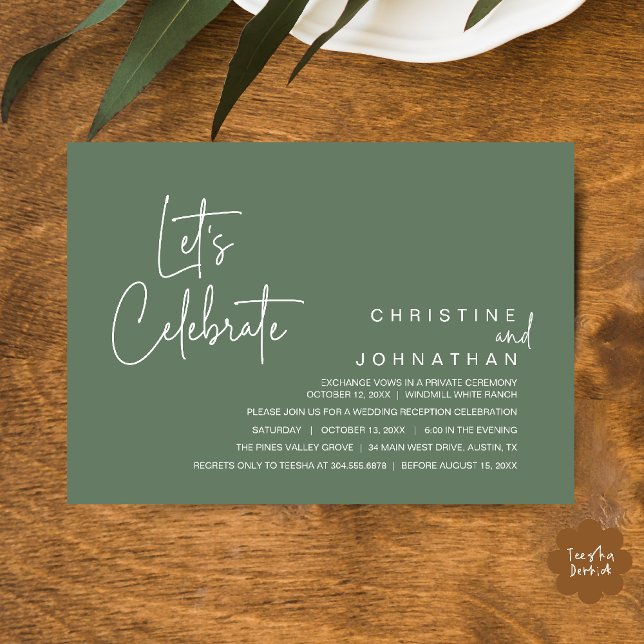Convite Vamos Celebrar, Jantar de Casamento Intimo (Let's Celebrate, modern minimal Wedding Elopement Dinner Party Invitation card in sage green)