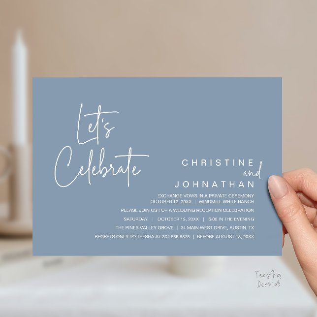 Convite Vamos Celebrar, Jantar de Casamento Intimo (Let's Celebrate, modern minimal Wedding Elopement Dinner Party Invitation card in dusty blue)