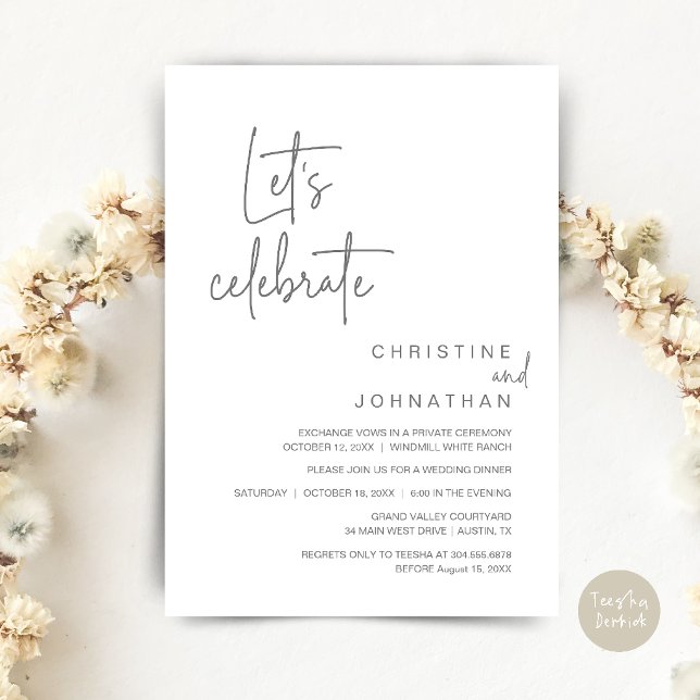 Convite Vamos Celebrar, Jantar de Festa de Casamento às Pr (Let's Celebrate, Classy Minimal Wedding Elopement Party Dinner Invitation Card in Dark grey)