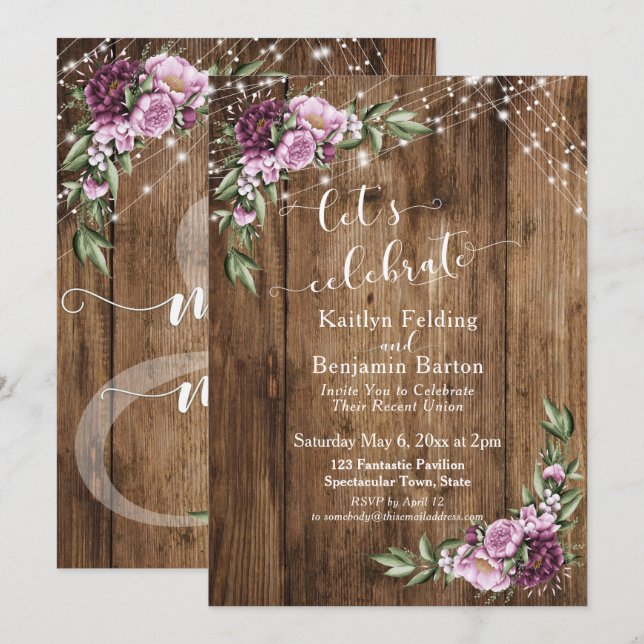 Convite Vamos Celebrar Luzes Florais Rústicas no Recepção (Frente/Verso)