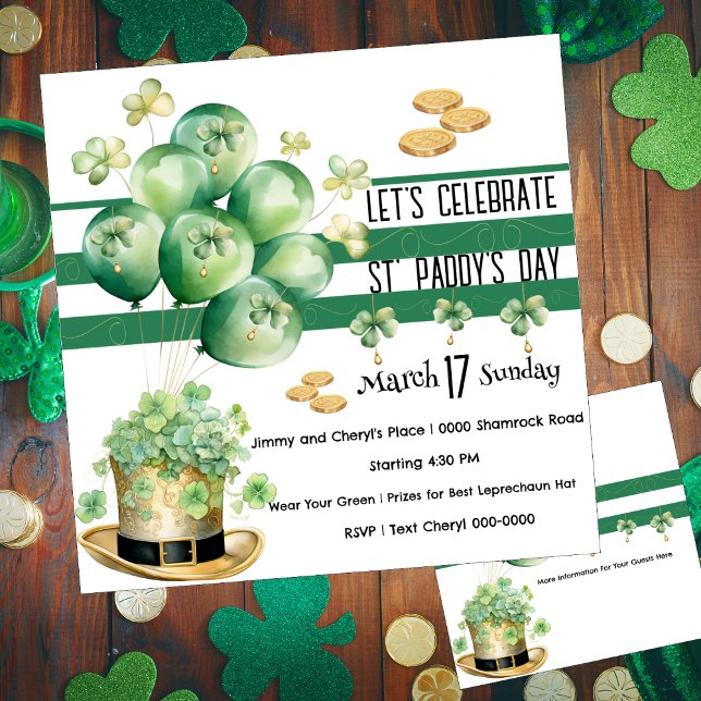 Convite Vamos celebrar o dia de São Patrício  (Cute leprechaun Irish top hat in gold with party balloons covered in shamrocks customizable invites)
