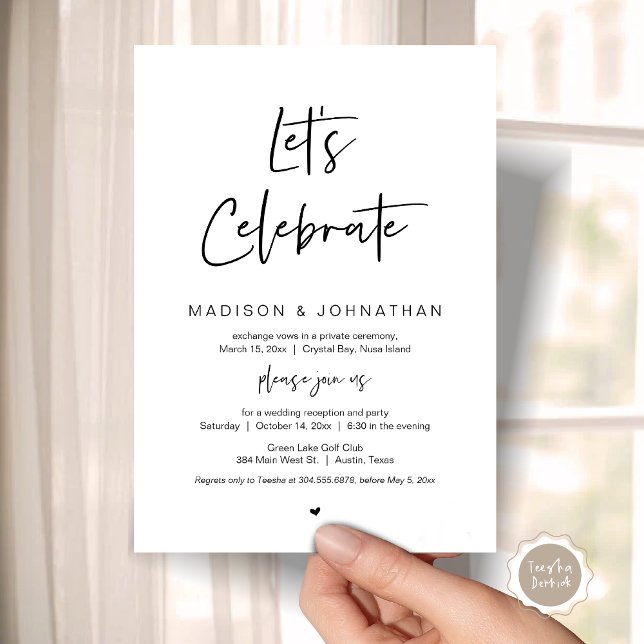 Convite Vamos celebrar, Preto, Festa de Casamento às Escon (Let's celebrate, Wedding Elopement Party Invitation Party, Printed and Template File.)