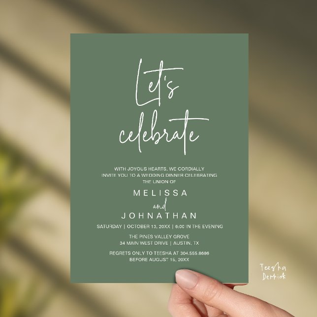 Convite Vamos Celebrar, Recepção de Casamento com Fuga Rom (Let's Celebrate, Modern Minimal Wedding Elopement Reception Dinner Invites Card in Sage Green)