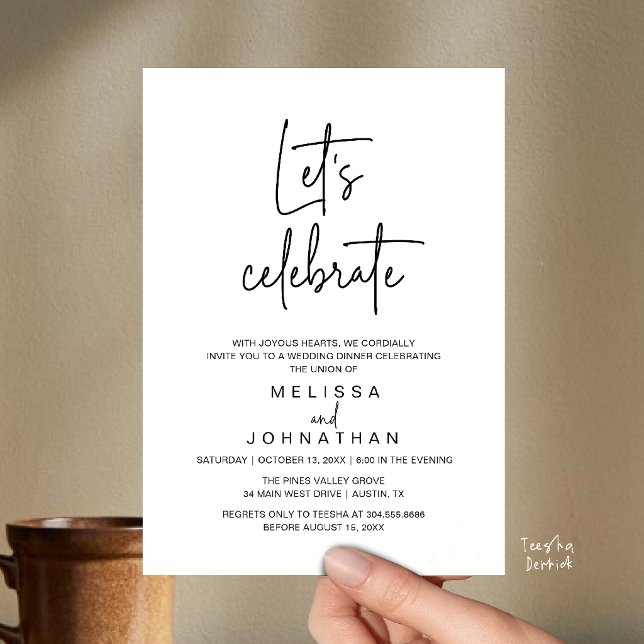 Convite Vamos Celebrar, Recepção de Casamento com Fuga Rom (Let's Celebrate, Modern Minimal Wedding Elopement Reception Dinner Invites Card in Black and White)