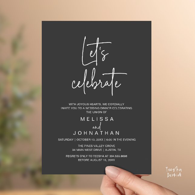 Convite Vamos Celebrar, Recepção de Casamento com Fuga Rom (Let's Celebrate, Modern Minimal Wedding Elopement Reception Dinner Invites Card in Charcoal Grey)