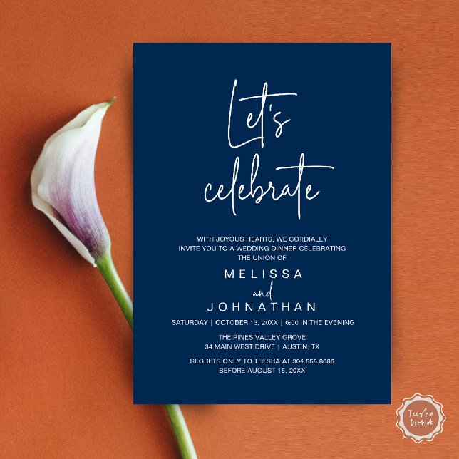 Convite Vamos Celebrar, Recepção de Casamento Intimo (Let's Celebrate, Modern Minimal Wedding Elopement Reception Dinner Invites Card in Navy Blue)