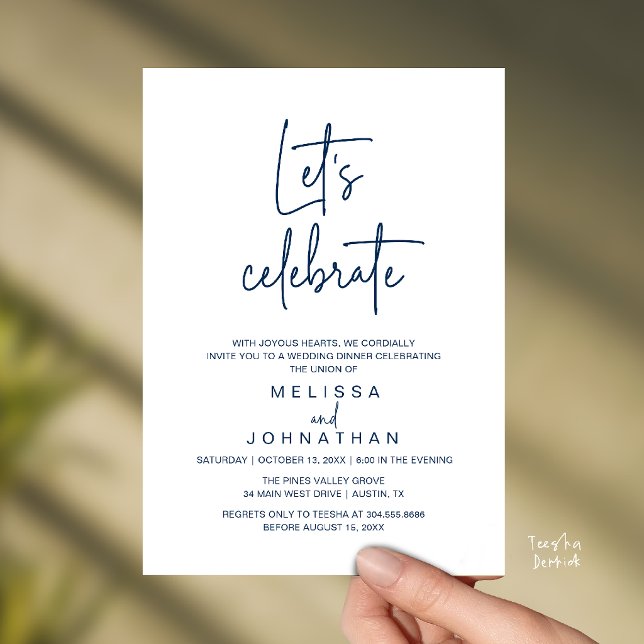 Convite Vamos Celebrar, Recepção de Casamento Intimo (Let's Celebrate, Modern Minimal Wedding Elopement Reception Dinner Invites Card in Navy Blue)