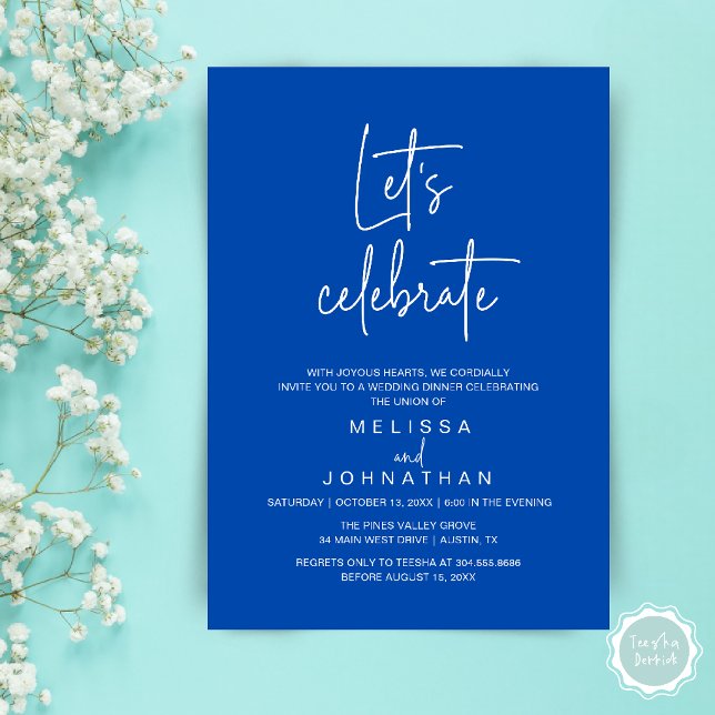 Convite Vamos Celebrar, Recepção de Casamento Intimo (Let's Celebrate, Modern Minimal Wedding Elopement Reception Dinner Invites Card in Cobalt Blue)