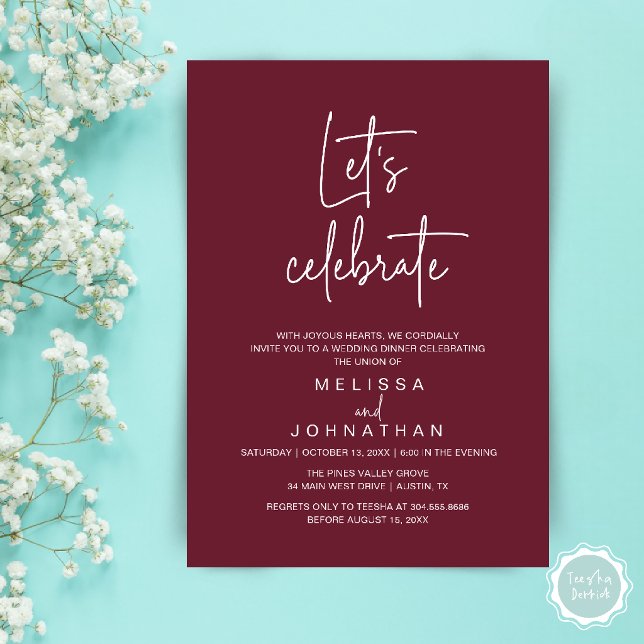 Convite Vamos Celebrar, Recepção de Casamento Intimo (Let's Celebrate, Modern Minimal Wedding Elopement Reception Dinner Invites Card in Wine Red)