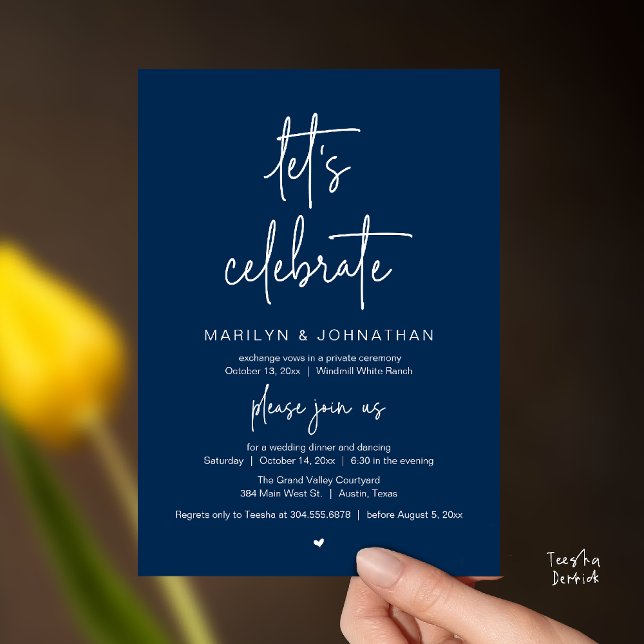 Convite Vamos Celebrar, Recepção de Casamento Minimalista  (Let's Celebrate, Modern Minimal Wedding Reception dinner dancing Invitation card navy blue)