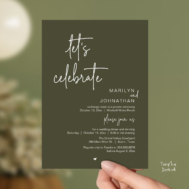 Convite Vamos Celebrar, Recepção de Casamento Moderna Mini (Let's Celebrate, Modern Minimal Wedding Reception dinner dancing Invitation card olive green)