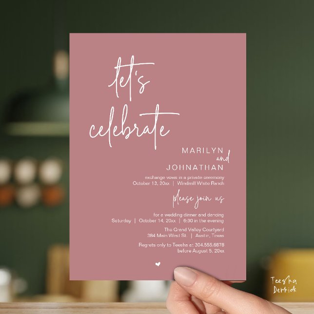 Convite Vamos Celebrar, Recepção de Casamento Moderna Mini (Let's Celebrate, Modern Minimal Wedding Reception dinner dancing Invitation card dusty rose pink)