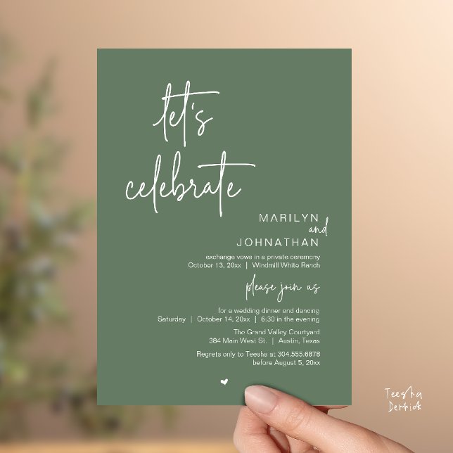 Convite Vamos Celebrar, Recepção de Casamento Moderna Mini (Let's Celebrate, Modern Minimal Wedding Reception dinner dancing Invitation card sage green)