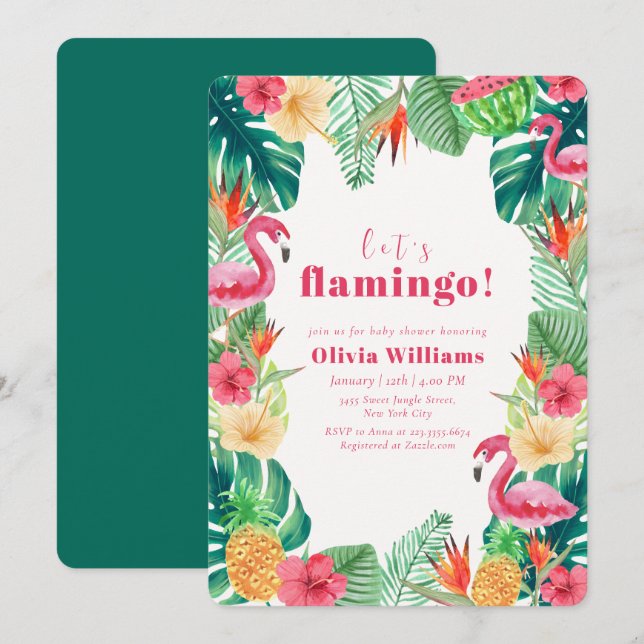 Convite Vamos Chuveiro de Bebê Botânico Tropical Flamingo  (Frente/Verso)