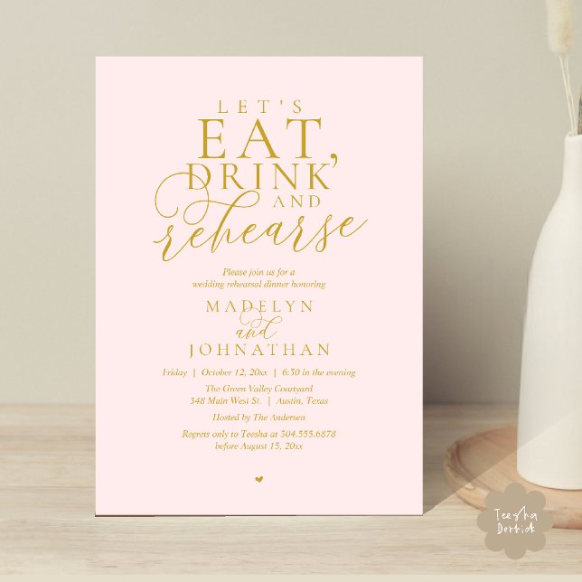 Convite "Vamos comer, beber e ensaiar", Jantar de Ensaios ("Let's eat, drink and rehearse", Rehearsal Dinner Invitation card in blush yellow gold)