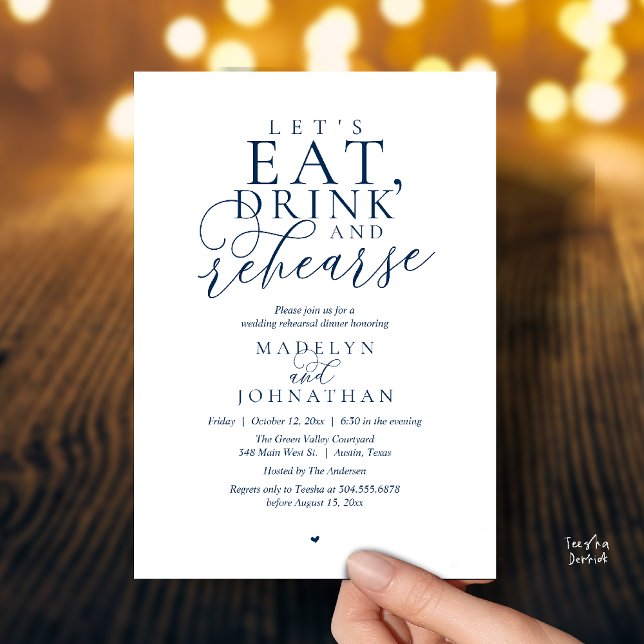 Convite "Vamos comer, beber e ensaiar", Jantar de Ensaios ("Let's eat, drink and rehearse", Rehearsal Dinner Invitation card in navy blue)