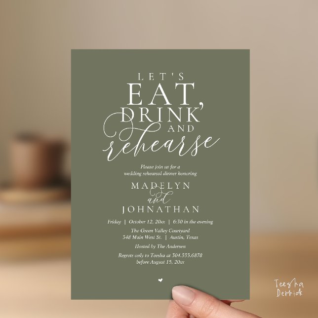 Convite "Vamos comer, beber e ensaiar", Jantar de Ensaios ("Let's eat, drink and rehearse", Rehearsal Dinner Invitation card in olive sage green)