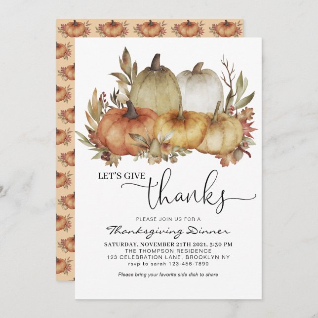 Convite Vamos Dar aos Obrigados Pumpkin Laranja Ação de Gr (Frente/Verso)