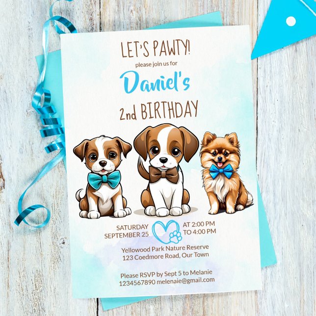 Convite Vamos de fantoche azul-marrom, fantoche, fantoche (Let's pawty brown blue cute puppies birthday party invitation editable template digital download)