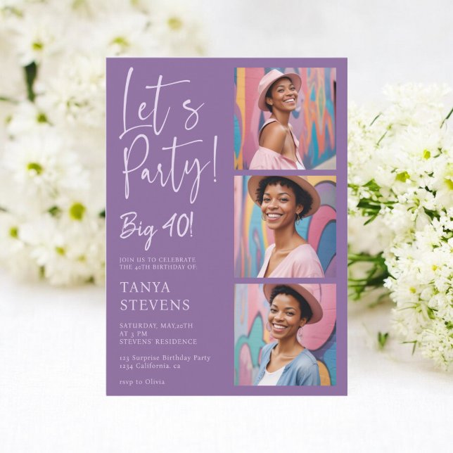 Convite Vamos de festa lavanda roxa quarenta anos (Let's party photo purple lavender forty birthday invitation)
