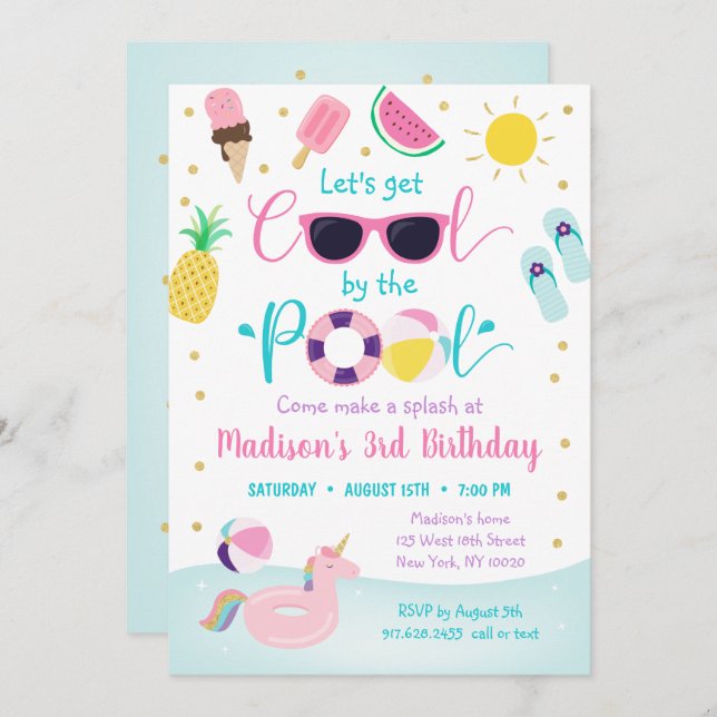 Convite Vamos de Festas de Piscina para Meninas Adquirem A (Frente/Verso)